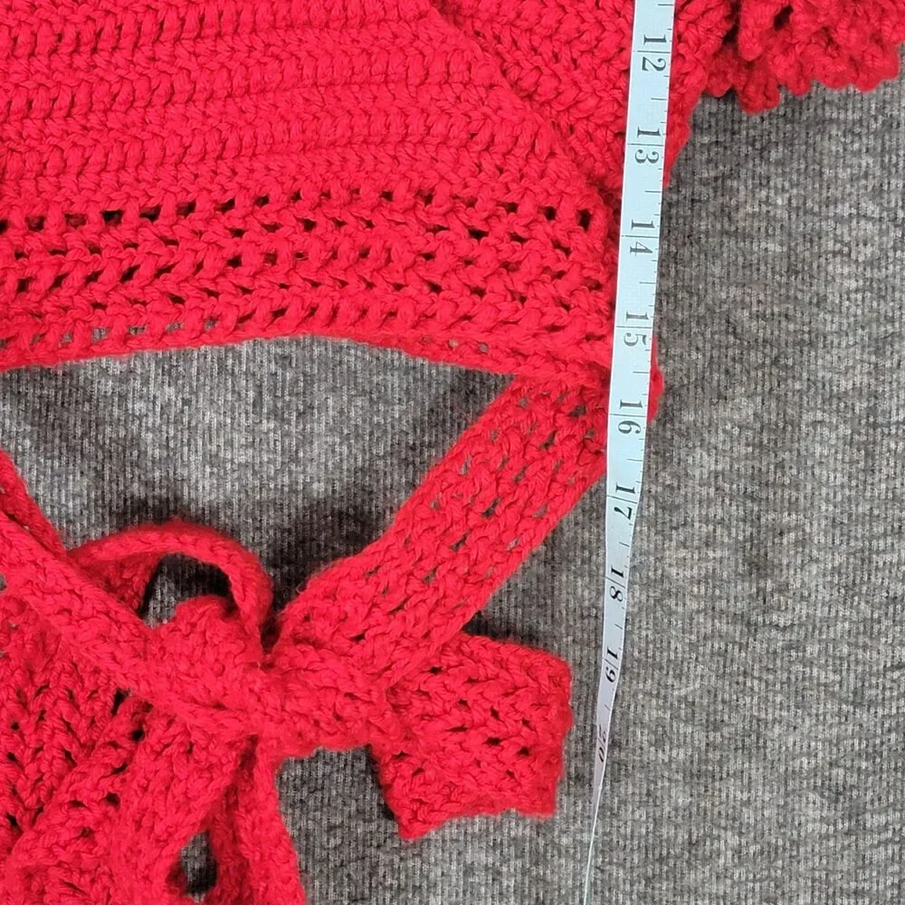 Handmade Crochet Knit Crop Top Womens S Red Short Ruffle Sleeve Wrap Tie Waist